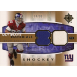 jeremy shockey 2007 upper deck ultimate gold jsy NY Giants Ultimate Materials NFL trading card with blue and white jersey patches, TE player memorabilia, serial 74/99.