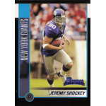 jeremy shockey 2002 bowman rc New York Giants NFL trading card of tight end in blue jersey running with the football during a game