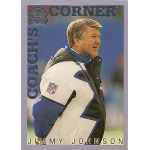 jimmy johnson 2000 fleer greats of the game coachs corner A football coach in a winter jacket stands on the field for a trading card titled Coach's Corner.