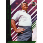 jimmy johnson 2024 pro set pure green crystal Smiling man stands confidently in a white shirt, captured on a vintage trading card with diagonal stripes in the background.