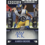 kamren kinchens 2024 panini contenders optic rookie ticket autograph Rookie football trading card featuring a Los Angeles Rams player in white and blue uniform with team logo and autograph.