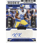 kamren kinchens 2024 panini contenders rookie ticket autograph photo variation sp Football trading card of a Los Angeles Rams player wearing number 20 with autograph and rookie ticket details.