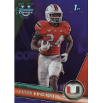 kamren kinchens 2023 bowman chrome university purple refractor Miami player in red uniform holding football card by Bowman Chrome, showing athlete in action.