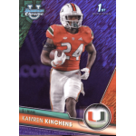 kamren kinchens 2023 bowman chrome university purple shimmer refractor Football player in orange Miami Hurricanes uniform on a collectible card.