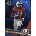 kamren kinchens 2023 bowman chrome university sapphire Football player in Miami Hurricanes uniform running with the ball on a sports card.