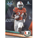 kamren kinchens 2023 bowman chrome university Football player in orange Miami jersey running with the ball, featured on Bowman Chrome trading card.