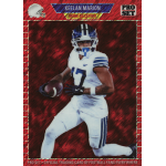 keelan marion 2024 pro set metal red shimmer Football player in action on a trading card, wearing a white and blue uniform, holding a ball with a red background.