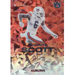 keionte scott 2023 onit university of auburn autograph Auburn player Keionte Scott football card, cornerback in action pose with orange geometric background.