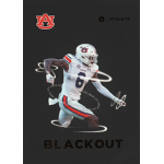 keionte scott 2023 onit university of auburn blackout Auburn football player in action, wearing white uniform with number 6, on a blackout-themed graphic background.