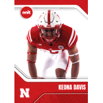 keona davis 2025 onit nebraska Football player in red uniform crouching with helmet and gear, representing University of Nebraska, with team logo visible.