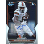 keyshawn smith 2023 bowman chrome university autograph Autographed Keyshawn Smith football card featuring player in white and orange uniform from Miami Hurricanes.