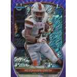 keyshawn johnson 2022 bowman chrome university purple shimmer refractor A football player in a white uniform holding a ball, featured on a trading card with a blue and purple background.