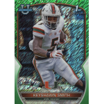 keyshawn smith 2022 bowman chrome green shimmer refractor Football player holding a ball in a dynamic pose on a collectible card with green background detailing.