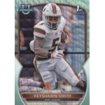 keyshawn smith 2022 bowman chrome university aqua wave refractor Football player in white and orange uniform holding a ball mid-action on a sports card background.