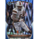 keyshawn smith 2022 bowman chrome university blue raywave refractor Football player in action on a sports card, wearing a white uniform with a U logo, running with the ball.