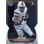 keyshawn smith 2023 bowman chrome university 055 Football player in action, wearing a white uniform with orange and green details, holding a football on a sports card.