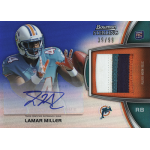 lamar miller 2012 bowman sterling rookie patch autograph blue refractor NFL trading card showing a player in a teal Miami Dolphins uniform with autograph and jersey patch.