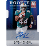lamar miller 2012 elite aspirations Football player in Miami Dolphins jersey holding a ball, with a signature on a sports card, labeled Rookie Aspirations.