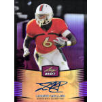 lamar miller 2012 leaf draft metal purple Football trading card featuring a player in an orange jersey with the number 6, showcasing a signature and Leaf Draft.