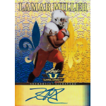 lamar miller 2012 leaf valiant blue Leaf Valiant football card with player in orange uniform holding a ball, showcasing 'Lamar Miller' text and signature.