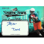 lamar miller 2012 press pass sports town silver inscription miller time Autographed sports card featuring a running back in a teal and orange uniform, labeled Miller Time, with city skyline backdrop.