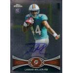 lamar miller 2012 topps chrome au Autographed Lamar Miller football card featuring Miami Dolphins running back in teal jersey.