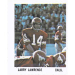 larry lawrence 1971 sargent promotions series 2 stamp Vintage football card: Calgary Stampeders quarterback #14 at line of scrimmage, crowd in background.