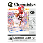 lawrence cager 2020 panini chronicles gold draft pick signatures Football trading card of a Georgia Bulldogs player in red helmet and jersey number 15, with signature.