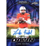 luke nickel 2025 leaf football nation a new dawn lava blue autograph Football trading card featuring a player in an orange uniform with the text A New Dawn and a signature.