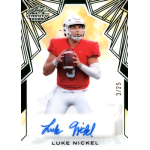luke nickel 2025 leaf trinity clear green autograph Football player in red jersey prepares to throw, featured on 2023 Leaf Trinity trading card with signature and limited edition.