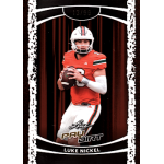 luke nickel 2026 leaf paydirt orange Football player in action, wearing a red uniform with a helmet, holding a football on a trading card background.