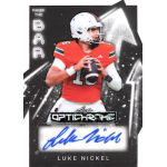 luke nickel 2026 leaf optichrome raise the bar prismatic white autograph Autographed Leaf Optichrome “Raise the Bar” football card of a QB in orange #10, white helmet, black background with arrows