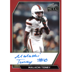 malachi toney 2026 leaf metal prismatic red autograph American football player in a white uniform on sports card with Metal branding and signature at the bottom.