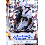 malachi toney 2026 leaf optichrome crystal white autograph Autographed Optichrome football trading card featuring wide receiver #20 in white uniform running with ball, prism foil
