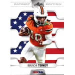 malachi toney 2026 leaf 250th anniversary patriot edition 2026 Patriot Edition football trading card with player in orange jersey running the ball over an American flag background