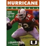 mario cristobal 1992 miami hurricanes bumble bee Football player in #72 Miami Hurricanes uniform, crouched, ready to play. Text lists name and position. Bumble Bee logo visible.