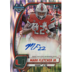 mark fletcher 2024 bowman chrome university stealth refractor autograph Autographed football card featuring Mark Fletcher Jr. in University of Miami uniform, posed action shot.