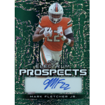 mark fletcher 2024 leaf electrum prospects sparkle green autograph Football player card, Mark Fletcher Jr. in green jersey, holding a ball, signature below.
