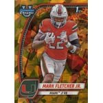 mark fletcher 2024 bowman chrome university sapphire gold refractor Football player in orange Miami uniform running with ball on a trading card.