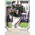 Football player in green uniform running with the ball during a game, featuring Bowman Chrome National card design.