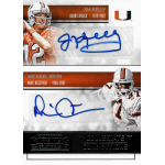 michael irvin 2016 panini contenders draft picks collegiate connections jim kelly Football trading card featuring quarterback and wide receiver with autographs, team helmets, and logo.