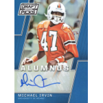 michael irvin 2016 panini prizm draft picks alumnus autgoraphs blue sp Football trading card of player in orange jersey, number 47, labeled alumnus, with signature and University of Miami.