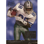 michael irvin 1993 fleer ultra performance highlights Football player in action wearing a Dallas Cowboys uniform holding a ball, '93 Fleer Ultra card design.