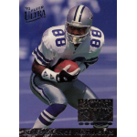 michael irvin 1994 fleer ultra michael irvin performance highlights 11 Football player in white and blue jersey running with the ball on a 1993 Fleer Ultra trading card.