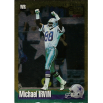 michael irvin 1994 score gold zone Wide receiver in white and blue football uniform raises arms in celebration on a sports card.