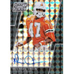 michael irvin 2016 panini prizm collegiate draft picks alumnus autographs black finite Football card featuring player in orange jersey with helmet, labeled Alumnus, autograph, University of Miami.