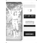 michael irvin 2018 panini contenders draft picks black printing plate Football player in a Miami Hurricanes jersey celebrates, featured in a sports card design with team details.