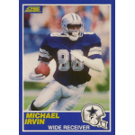 michael irvin 1989 score rc Football player in blue jersey, running on field with a football, score card design, labeled wide receiver.