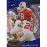 mondriel fulcher 2000 quantum leaf rc Football player in orange jersey evades tackle, captured on a 2000 rookie trading card with vibrant graphics.