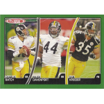 najeh davenport 2007 topps total 72 Three football players in uniform: quarterback, running back, and fullback on a trading card with a green border.